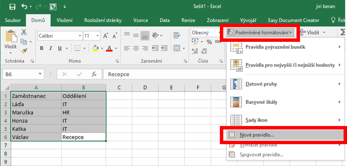 Kde je v Excelu podminene formátování?