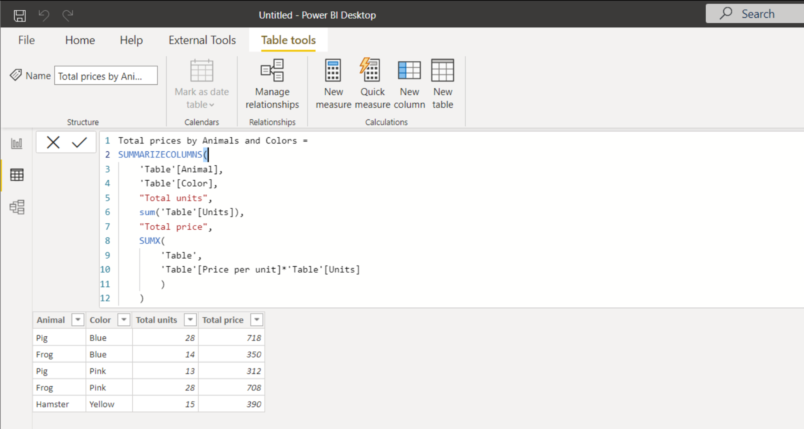 power bi summarize table